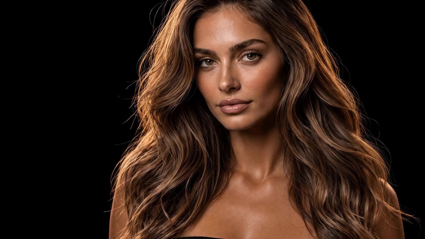 La modèle transformée, regard face caméra, dans le vide noir